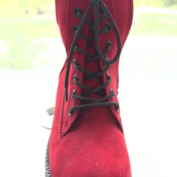 German Red Suede Lace Up Combat Boots - Picture 5 of 6